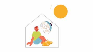 Stay inside 2D animation. Avoiding to leave home during hot weather 4K video motion graphic. Man using fan to cool down house at heat color animated cartoon flat concept, white background