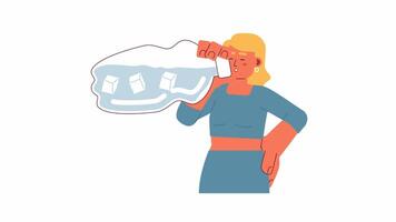 Put some ice in your water cartoon animation. Stay hydrated during heatwave 4K video motion graphic. Caucasian woman drinking from bottle 2D color animated character isolated on white background
