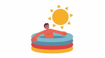 Summer outdoor relaxation cartoon animation. Staying in cool water at heatwave 4K video motion graphic. Latin american man in pool 2D color animated character isolated on white background