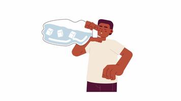 Drink cold water cartoon animation. Add ice cubes to beverage 4K video motion graphic. African american man with bottle of iced liquid 2D color animated character isolated on white background