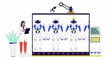 hembra ingeniero a robot fabricación línea dibujos animados animación. artificial inteligencia 4k vídeo movimiento gráfico. software desarrollo 2d lineal animado caracteres aislado en blanco antecedentes video