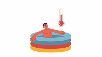 Get in water 2D animation. Cooling down at heatwave. Happy man chilling in inflatable pool 4K video motion graphic. Dealing with hot weather color animated cartoon flat concept, white background