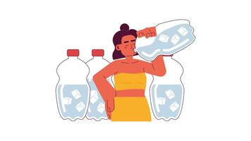 Drink lot of water 2D animation. Woman drinking cold liquid with ice cubes 4K video motion graphic. Avoid dehydration at hot weather color animated cartoon flat concept, white background