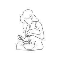 A single continuous line art of a simple vector illustration design of a woman cooking, baking. Minimalist art.