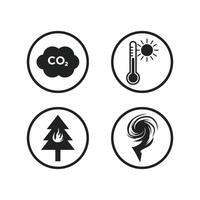 Climate change icon set. Four black designs on a white isolated background. CO2, Global Warming, Forest Burning, Tornado. vector