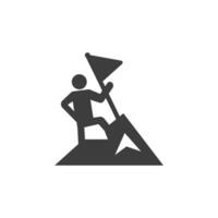 Mountain climbing icon. Hiking symbol. Mountain climb vector illustration on a white isolated background A man on the mountain top with a flag.