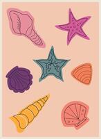 retro poster set with different colored seashells and starfish with a black outline vector illustration