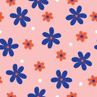 cute seamless pattern with deep blue and red flowers on a pink background vector