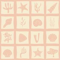 Seamless cute pattern with shells, algae, corals, starfish located in squares vector