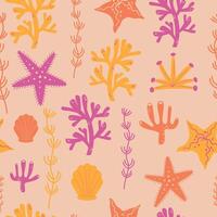 bright summer seamless pattern with algae, starfish, shells and corals vector illustration