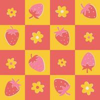 bright yellow-pink seamless pattern with strawberries and flowers placed in squares vector illustration