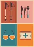 retro geometric bright poster with camping and hiking things. walking sticks, glasses, aid kit, eating utensils, vector illustration