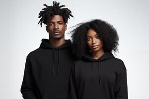 AI generated Black couple in blank black hoodie on gray background for clothing mockup photo