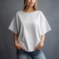 AI generated Woman in blank white oversize t-shirt on gray wall for clothing mockup photo