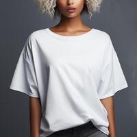 AI generated Black woman in blank white oversize t-shirt for clothing mockup photo