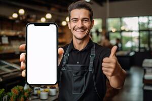 AI generated Coffee shop worker showing smartphone. Close up of blank screen smartphone mockup photo