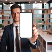 AI generated Close up of Businessman hand showing blank screen smartphone mockup in office photo