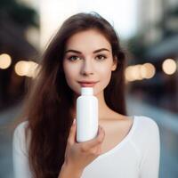 AI generated Woman holding cosmetic bottle on street background photo