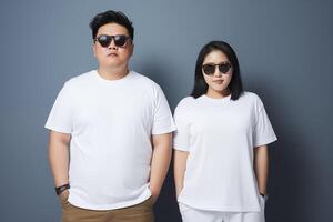 AI generated Young asian couple in white t-shirt for clothing mockup photo