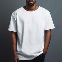AI generated African american man in blank white oversize t-shirt on dark gray wall for clothing mockup photo