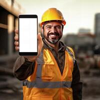 AI generated Construction worker holding blank screen smartphone on construction site background photo