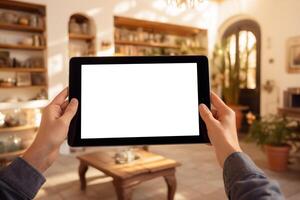 AI generated Hands holding black tablet mockup at home photo