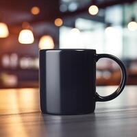 AI generated Blank black mug on wooden table with blurred and bokeh background photo