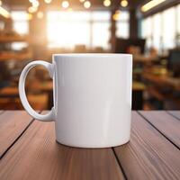 AI generated Blank white mug on wooden table with blur background photo