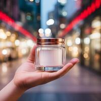 AI generated Hand holding empty glass cosmetic jar mockup on blurred light and bokeh city background photo