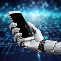 AI generated Robot hand holding a white smartphone with blank screen on technology background photo