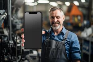 AI generated Mechanic man showing black blank screen smartphone mockup in workshop photo