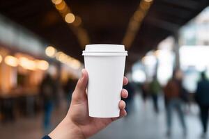 AI generated Hand holding blank white paper cup with blur background photo