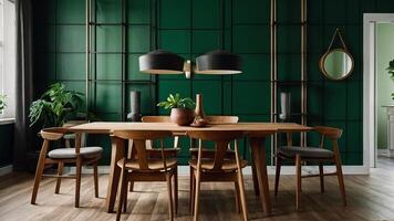 AI generated Wooden dining table and chairs against green wall. photo