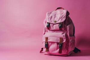 ai generado colegio mochila en rosado antecedentes. foto