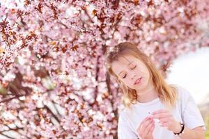 sakura o Cereza florecer en primavera temporada con lleno floración rosado flor viaje concep foto