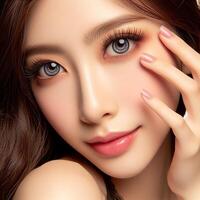 AI generated Beautiful woman wearing contact lenses on her eyes photo