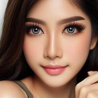 AI generated Beautiful woman wearing contact lenses on her eyes photo