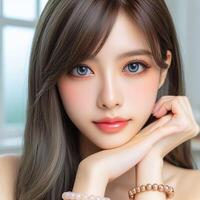 AI generated Beautiful woman wearing contact lenses on her eyes photo