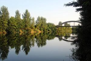 Bridge and trees reflecting at green river in summer photo