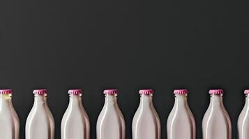 AI generated Glass milk bottle mockup with blank label Isolated on black background photo