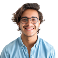 AI generated a young man wearing glasses in blue shirt smiling png