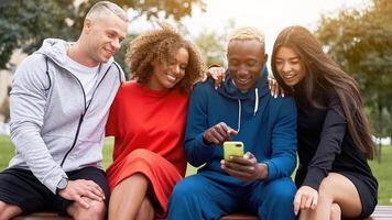 joven negro chico compartiendo su móvil teléfono, demostración gracioso broma en social medios de comunicación a su multiétnico amigos, sentado en banco en parque foto