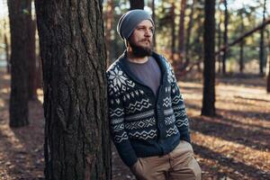 un joven hombre con un barba camina en un pino bosque. retrato de un brutal barbado hombre otoño bosque foto