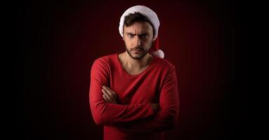 Young serious handsome caucasian guy in red sweater and Santa hats stands on red background in studio and feel angry photo