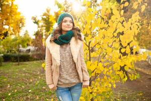 un hermosa joven niña camina mediante el otoño parque en el antecedentes de brillantemente de colores hojas foto