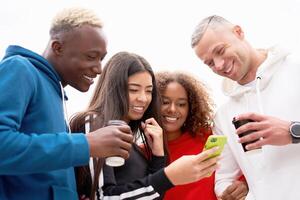 Multi-ethnic group people teenage friends. African-american, asian, caucasian student spending time together Multiracial friendship photo