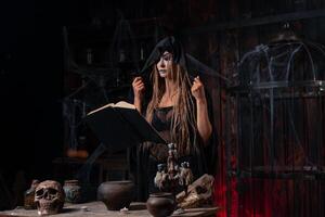 Witch in dark use spell book photo