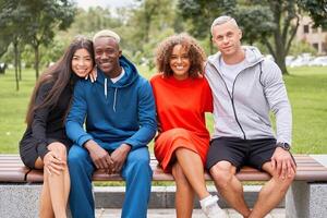 Multi-ethnic group people teenage friends. African-american, asian, caucasian student spending time together Multiracial friendship photo