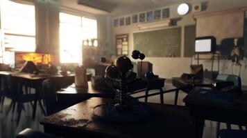 An empty classroom with desks and chairs video