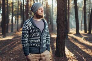 Outdoor portrait of handsome bearded man . Casual autumn fashion portrait photo
